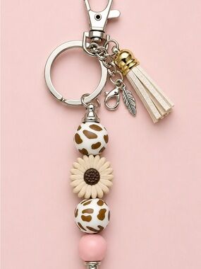 Beaded Tassel Keychain - Pink and Cream Cow Print